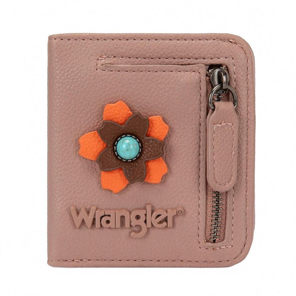 NEW WRANGLER 3d floral turquoise rfid bifold wallet in pink